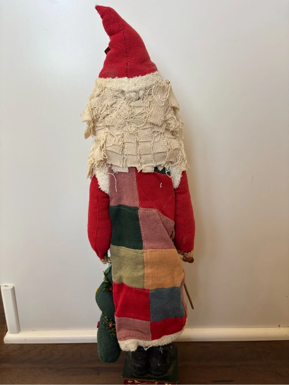 Vintage Folk Art Santa Claus Figurine Rustic Fabric Layered Beard Patchwork Coat